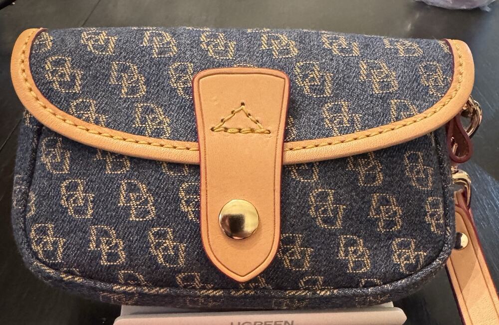 Dooney & Bourke Signature Monogram Blue Denim Canvas Leather Wallet Wristlet